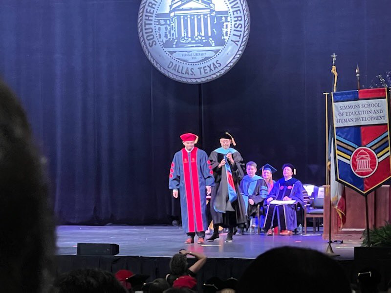 Justin_D_James's tweet photo. The SMU Graduation Experience has begun! The @smusimmons graduation is complete, and I’m so glad my family was there to see it! Stay tuned for the All University Graduation tomorrow @SMU @smueddedleader #SMUGrad22 #TheJourneyOfDrJames #EdDLeader #PonyUp #FiestyFifteen ❤️ 💙 🐎 https://t.co/Uut1R8eouM