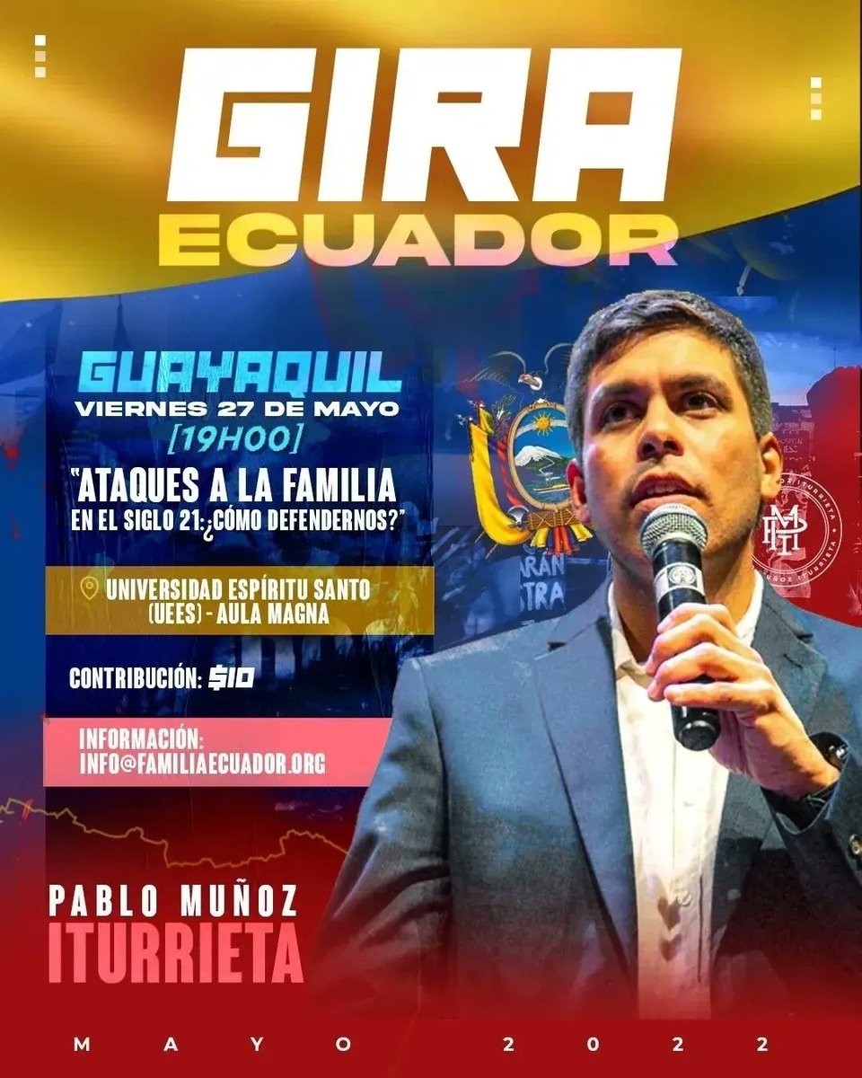 _FamiliaEcuador's tweet photo. 🇪🇨 ATENCIÓN ECUADOR 🇪🇨 

¡DEFENDAMOS NUESTRA FAMILIA! - Llega este mes a Ecuador el Dr. Pablo Muñoz Iturrieta @PMunozIturrieta con una increíble conferencia‼️

🗓️ GYE:
Viernes 27 - 19h00
🗓️ UIO:
Lunes 30 - 19h30

📌 CONTRIBUCIÓN: $10

Link de Inscripción: 
https://t.co/tpVv00Z5Kh https://t.co/Tgls3XTSzu