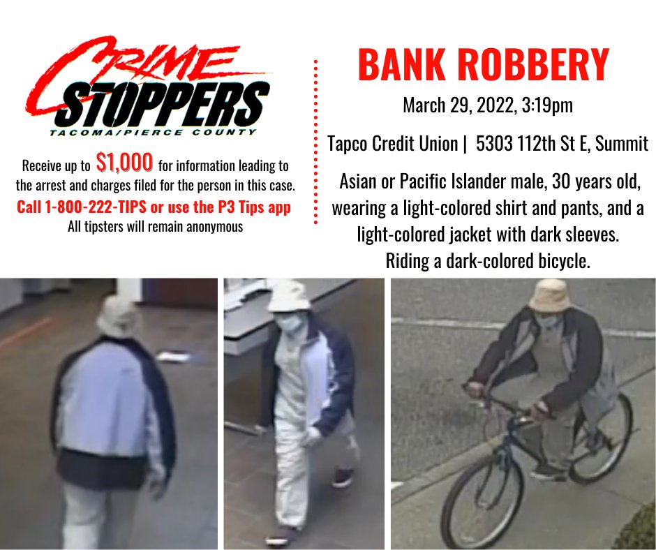 PierceSheriff's tweet photo. Our detectives need your help to identify the suspect responsible for a bank robbery.
 
Submit an anonymous tip:
P3 Tips App
https://t.co/NpR9mhOJz1
1-800-222-TIPS https://t.co/IrF2jgXMMc