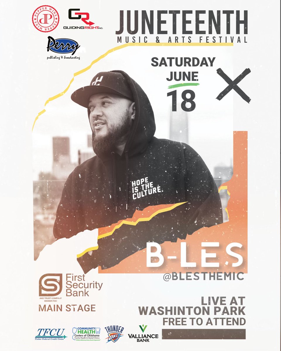 We are excited to announce at the Official OKC’S Juneteenth Music and Arts Festival performing live will be B Les on the First Security Bank Main Stage!!!! <a href="/LesGoPokes/">LesGoPokes</a> <a href="/ParrishDevaughn/">Parrish Devaughn</a> <a href="/guidingrightinc/">Guiding Right, Inc.</a> <a href="/TinkerFCU/">Tinker FCU</a> <a href="/CommunityCare/">Community Care</a> <a href="/VallianceBank/">Valliance Bank</a> <a href="/okcthunder/">OKC THUNDER</a>