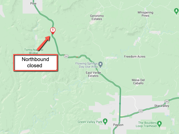 ArizonaDOT's tweet photo. *CLOSURE* *PLEASE SHARE*

SR 87 NB is CLOSED north of Payson. 

The closure is due to a crash at milepost 264. 

Motorists should expect delays and and seek an alternate route. 

There is no estimated time to reopen the NB lanes. 

Traffic is alternating in the SB lanes. https://t.co/YplIcaCuvP