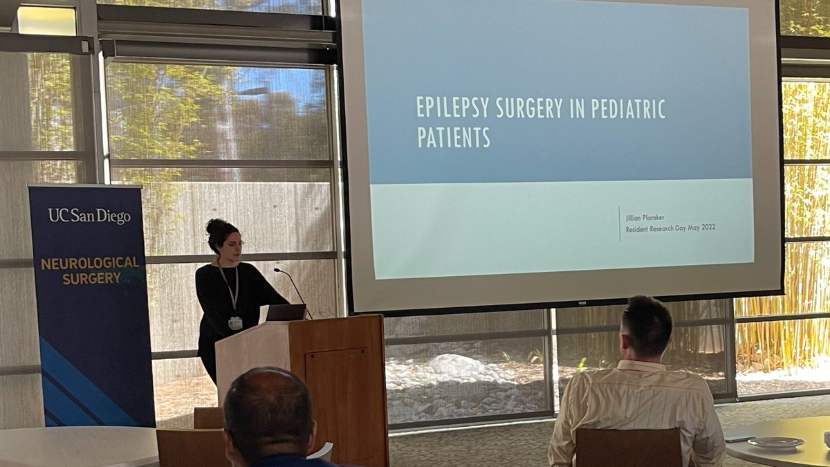 UCSDNeuroSurg's tweet photo. Dr. Jillian Plonsker (@JPlonskerMD, PGY-5) takes the stage at #ResidentResearchDay to discuss her work to improve #epilepsy surgery in pediatric patients. #UCSDNeuroSurg @DavidGondaMD https://t.co/2AzJJNBIaL