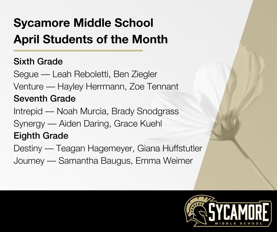 SycamoreMS's tweet image. Congratulations to the April Students of the Month! Thank you for exemplifying our core values and serving as leaders at Sycamore Middle School. We are proud of you! #Empowering2Succeed
