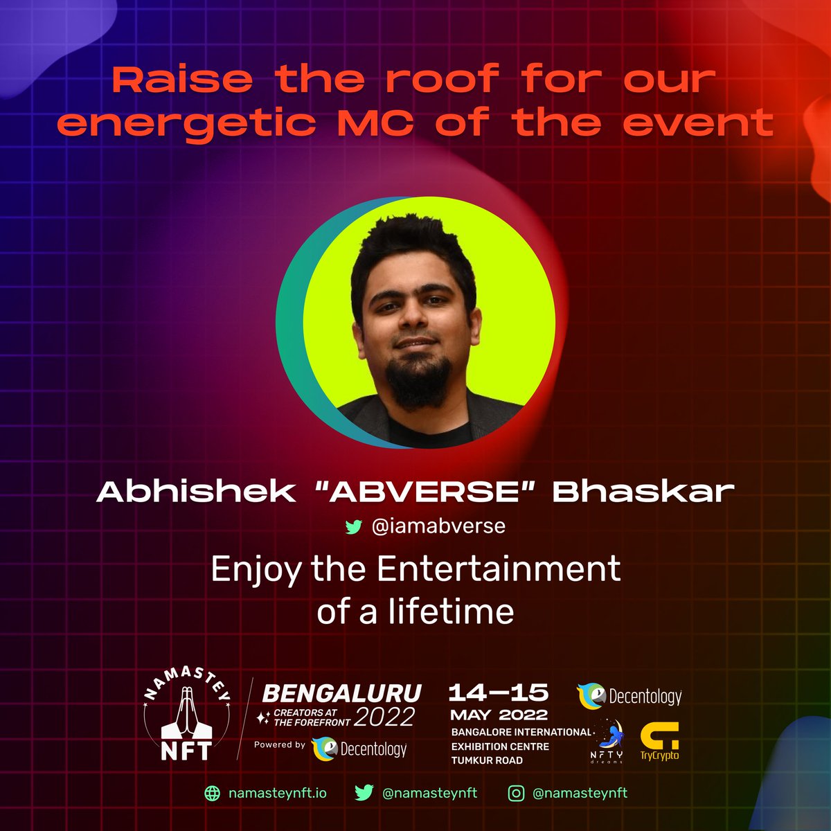 The next 2 days are going to be an insane ride with <a href="/NamasteyNFT/">NamasteyNFT | The PROLOGUE | LIVE ON OPENSEA</a> 💎
MC Duties &amp; ofcourse some Beatboxing tomorrow &amp; day after.
<a href="/techbubble/">Nik Kalyani (🎨🔴💜)</a> @Decentology

Who's coming? See ya'll there ✊️
#nftcommunity #namasteynft #NFT #Bangalore
