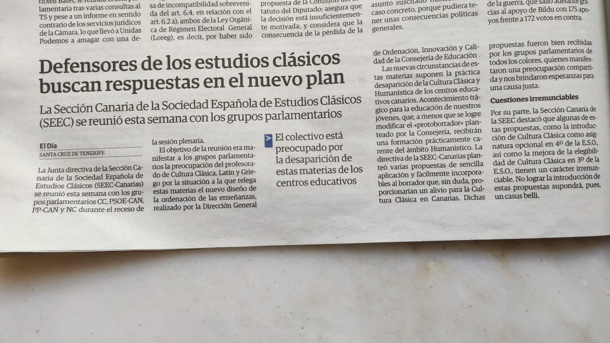 Esta semana, tanto el Diario de Avisos como el periódico El Día han publicado la visita de la Sección Canaria de la SEEC a los grupos parlamentarios que acogieron favorablemente nuestras propuestas para defender las asignaturas de clásicas.