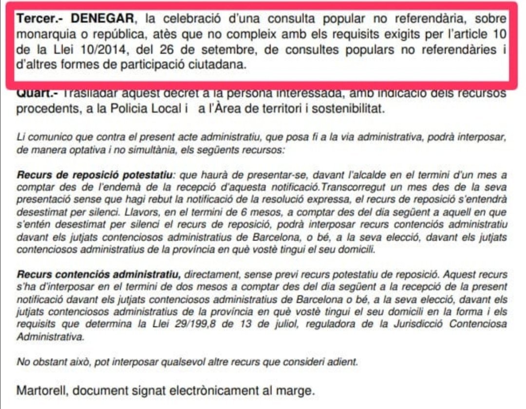 🔴URGENTE🔴
Con Resolución Municipal que lo demuestra, <a href="/JuntsXCat/">Junts per Catalunya🎗</a> #Martorell <a href="/xavifono/">Xavier Fonollosa</a> ha negado las urnas para votar Monarquía o República en Martorell para la <a href="/consultaestatal/">Plataforma Consulta Popular Estatal</a>.

Permiten reunirse, pero no votar!
#Martorell #14deMayoVota #YoVoto14Mayo #DerechoADecidir