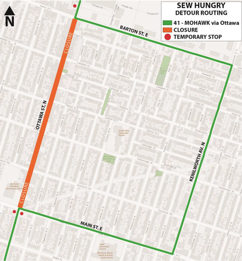 hsr's tweet photo. #HSRAlert: #HSR41 on detour due to Ottawa Street BIA's event "Sew Hungry" on Saturday, May 14th from 7 am until 10 pm from Barton street and Main street. Details: https://t.co/yt517jpmt3 https://t.co/fssHAHU3LG