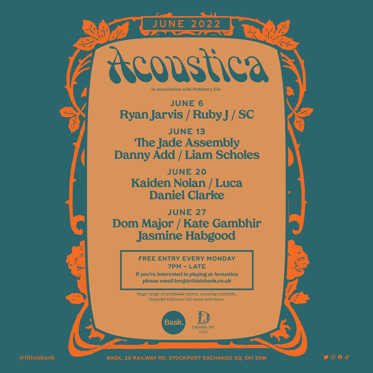 Bask (@thisisbask) on Twitter photo It’s time get stuck into the #mondayclub at Bask with the first Acoustica listings!
We can also announce that the fabulous <a href="/DidsburyGin/">Didsbury Gin</a> are our Acoustica sponsors Expect some pretty mind blowing bespoke cocktails heading your way…
All showcases are free entry. Winner. It’s time get stuck into the #mondayclub at Bask with the first Acoustica listings!
We can also announce that the fabulous <a href="/DidsburyGin/">Didsbury Gin</a> are our Acoustica sponsors Expect some pretty mind blowing bespoke cocktails heading your way…
All showcases are free entry. Winner.