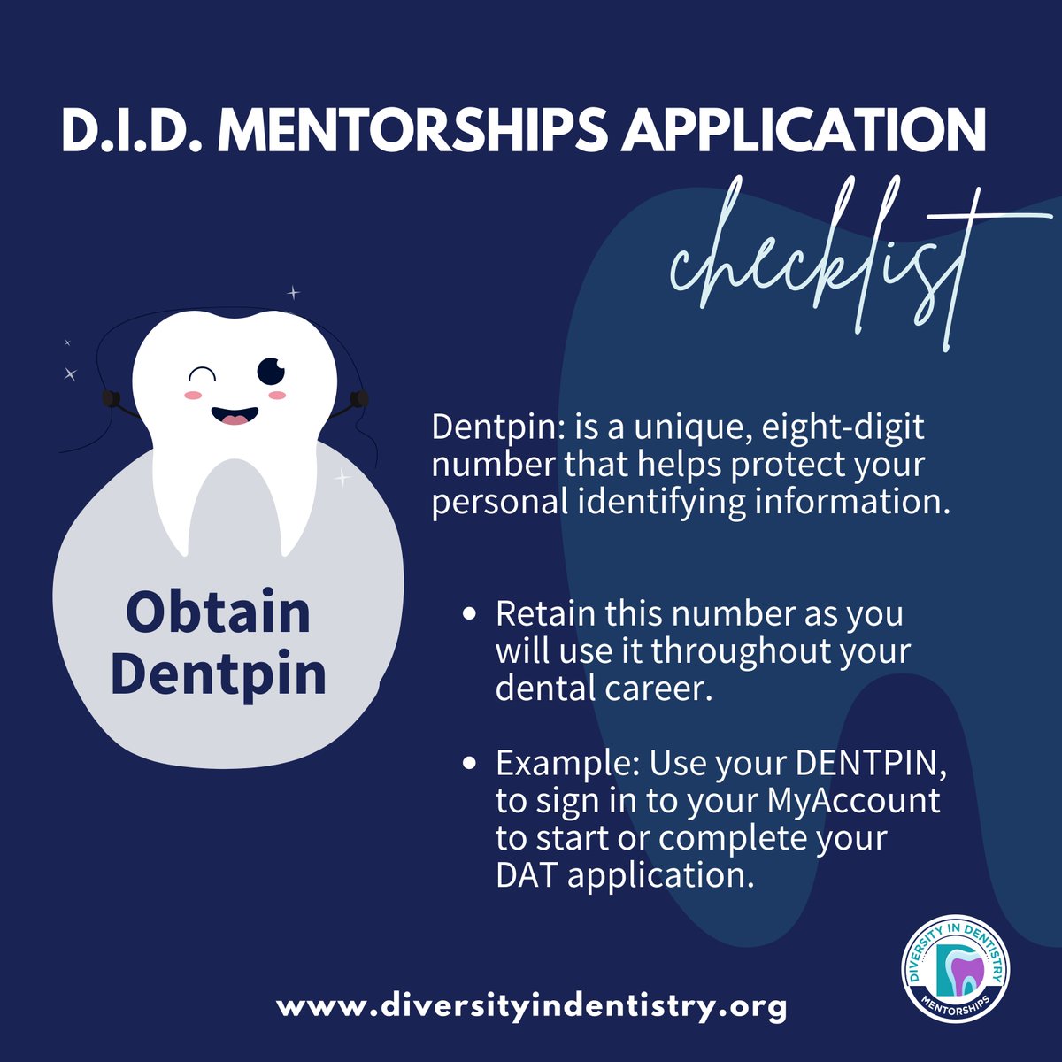 D.I.D. Mentorships Application Checklist

D E N T P I N ✨

Hey Pre Dental students! So one of the first steps to registering for the DAT and any other exam in your dental career, is to first obtain a Dentpin.

To register: dts.ada.org/CustomerServic… 

#predent #predental #college