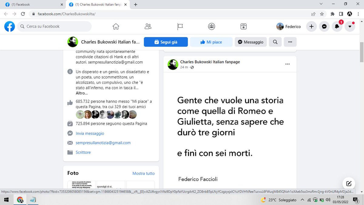 Gente che vuole una storia come quella di Giulietta e Romeo senza sapere che durò tre giorni e fini con sei morti. (Federico Faccioli-The Italian Bukowski) facebook.com/groups/theital…
#Bukowski #libri#leggere#citazioni
#frasi#aforismi#scrittori#lettori
#scrivere#poesia
#scrittori