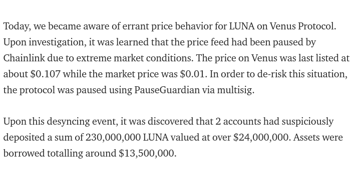 CSBastiat's tweet photo. 🚨 @AaveAave appears to be relying 100% on @chainlink oracles with no safety net.

We saw 2 DeFi apps with the same problem get rekt today when Chainlink suddenly paused LUNA price feed.

By comparison, @compoundfinance uses Chainlink but w/ Uniswap TWAP as a "sanity check". https://t.co/a4UKKlNnZl