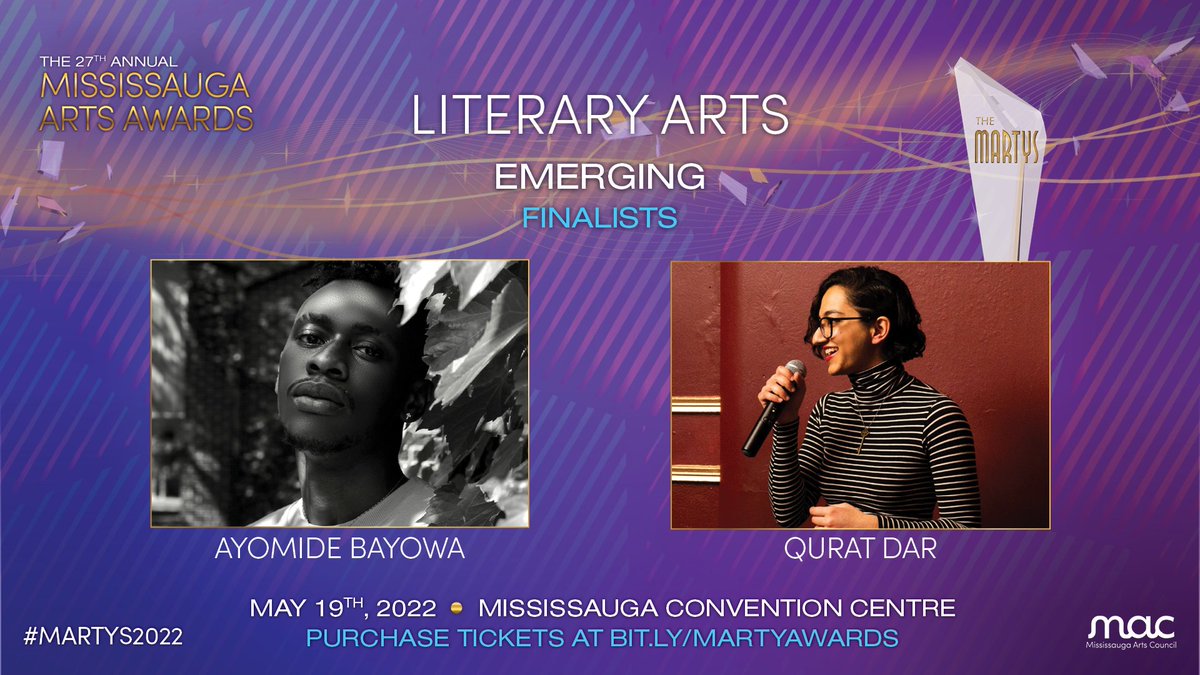 MissArtsCouncil's tweet photo. Congratulations to our Literary Arts Emerging &amp; Established Finalists! 🎉

Emerging: Ayomide Bayowa &amp; Qurat Dar @itsnotquart!

Established: @KimCayer1, Susan Ksiezopolski, @PetaGayeNash, @Ivy_Reiss, &amp; Anna Yin @annapoetry!

Get your tickets: https://t.co/K7H5c2kcv5
#MARTYS2022 https://t.co/MLwZwgn8pw