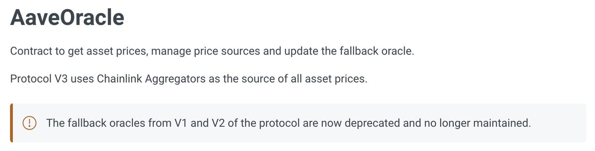 CSBastiat's tweet photo. 🚨 @AaveAave appears to be relying 100% on @chainlink oracles with no safety net.

We saw 2 DeFi apps with the same problem get rekt today when Chainlink suddenly paused LUNA price feed.

By comparison, @compoundfinance uses Chainlink but w/ Uniswap TWAP as a "sanity check". https://t.co/a4UKKlNnZl