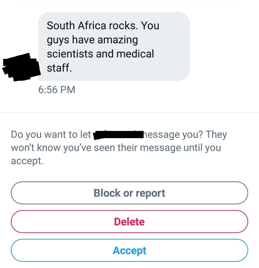 rid1tweets's tweet photo. My DMs are usually filled with profanity and abuse, but pleasantly surprised to read this message!
Shout out to the South African 🇿🇦 scientists and medical staff, you rock 👏🏽 https://t.co/1cOSyImSgm