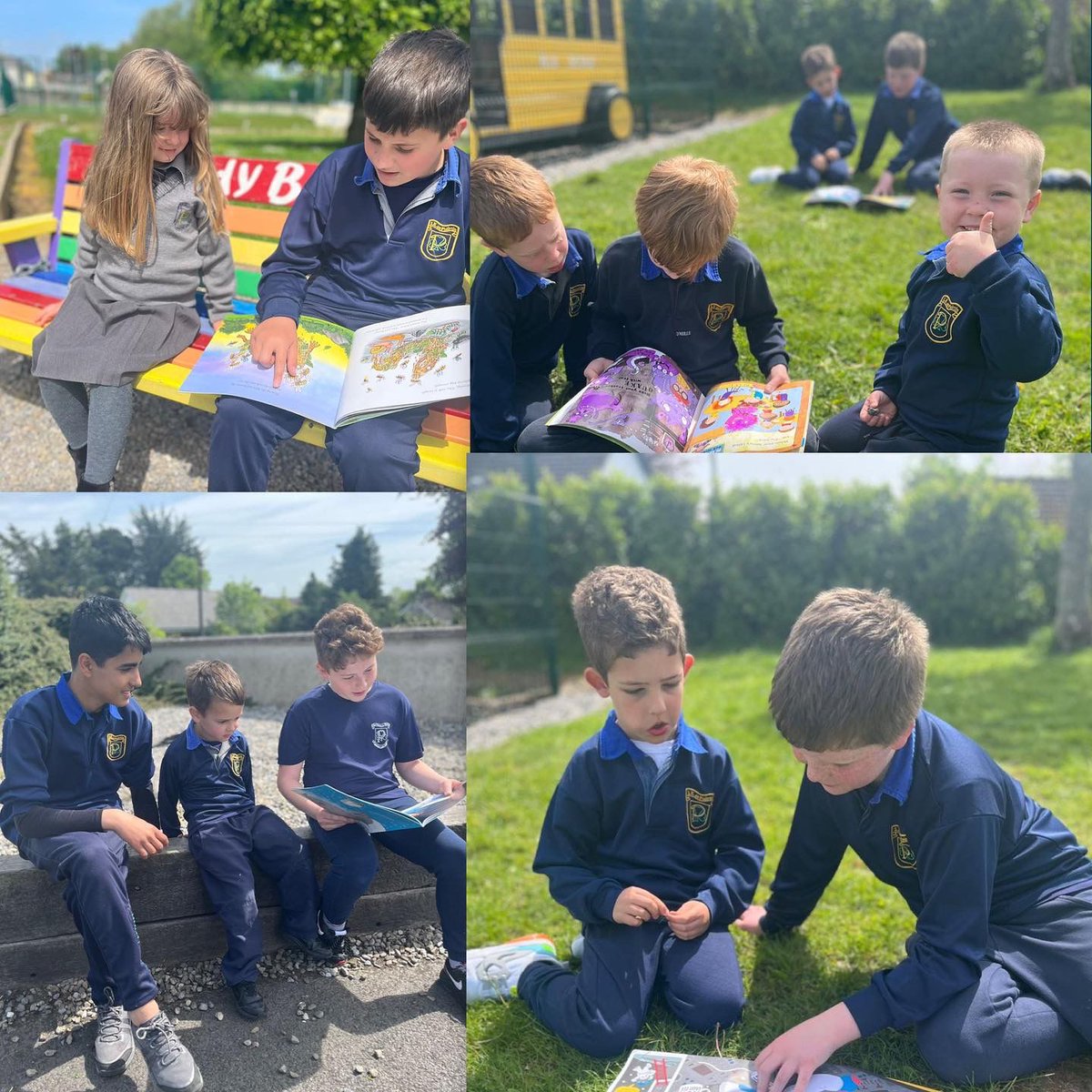 Parteen_School's tweet photo. 5th class and Junior Infants took advantage of the lovely, sunny afternoon and enjoyed “Buddy Reading” together! 📚🥰😎 #parteen #parteenschool #primaryschool #hiddengem #fifthclass #juniorinfants #reading #sun #buddyreading https://t.co/T0DOYgEYok