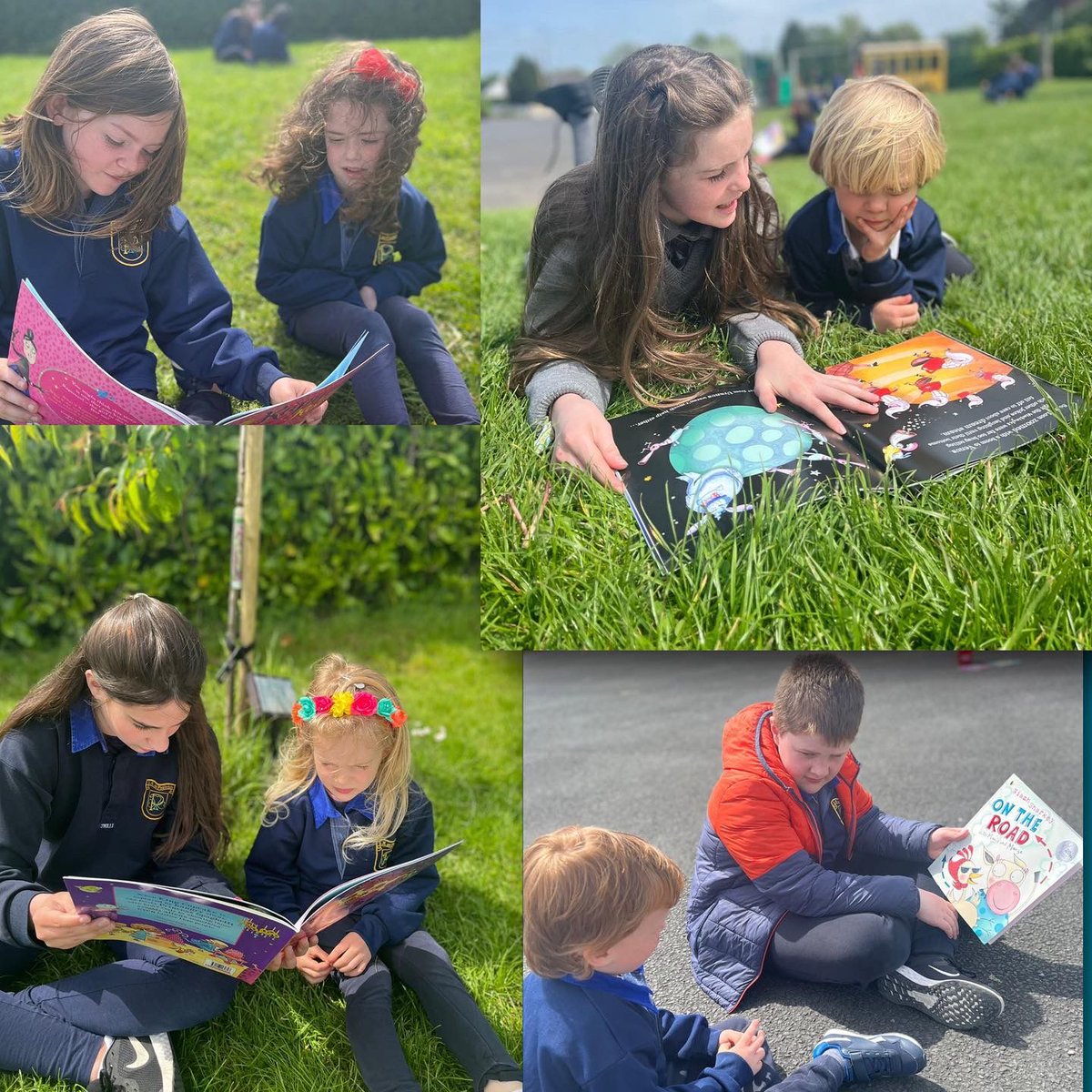 Parteen_School's tweet photo. 5th class and Junior Infants took advantage of the lovely, sunny afternoon and enjoyed “Buddy Reading” together! 📚🥰😎 #parteen #parteenschool #primaryschool #hiddengem #fifthclass #juniorinfants #reading #sun #buddyreading https://t.co/T0DOYgEYok
