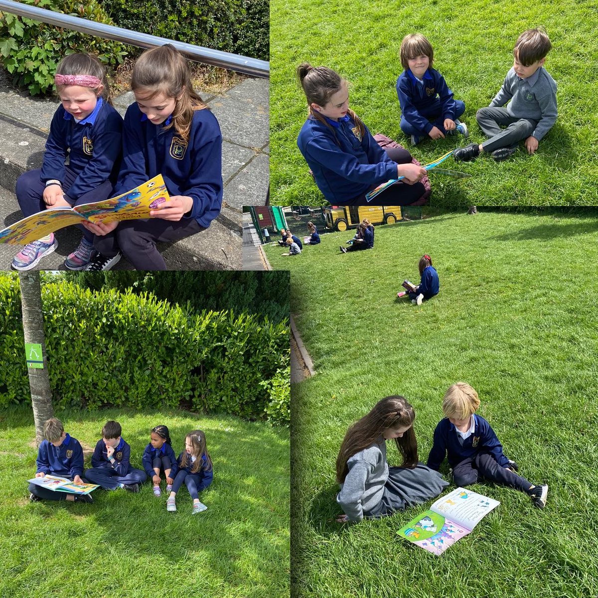 Parteen_School's tweet photo. 5th class and Junior Infants took advantage of the lovely, sunny afternoon and enjoyed “Buddy Reading” together! 📚🥰😎 #parteen #parteenschool #primaryschool #hiddengem #fifthclass #juniorinfants #reading #sun #buddyreading https://t.co/T0DOYgEYok