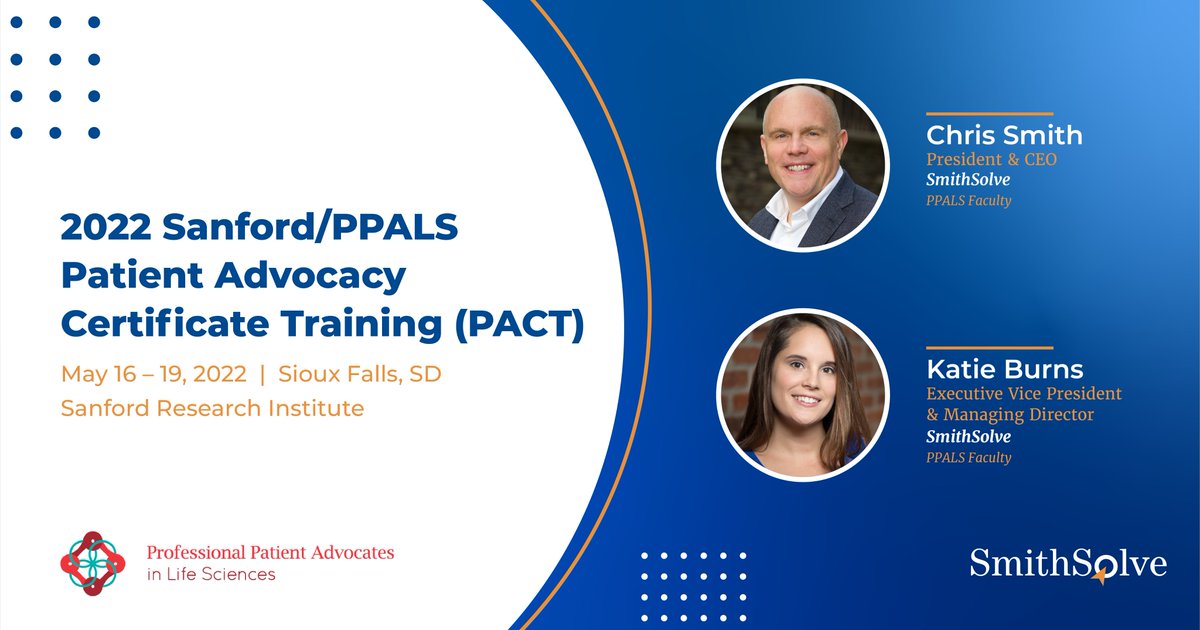 SmithSolve's tweet photo. We are excited to share that our President and CEO, Chris Smith and EVP & Managing Director, Katie Burns are heading to Sioux Falls, SD May 16-19 as members of the @PPALSorg faculty for the #PatientAdvocacy Certificate Training at @SanfordHealth
#ppals #raredisease https://t.co/ClqG9O829q