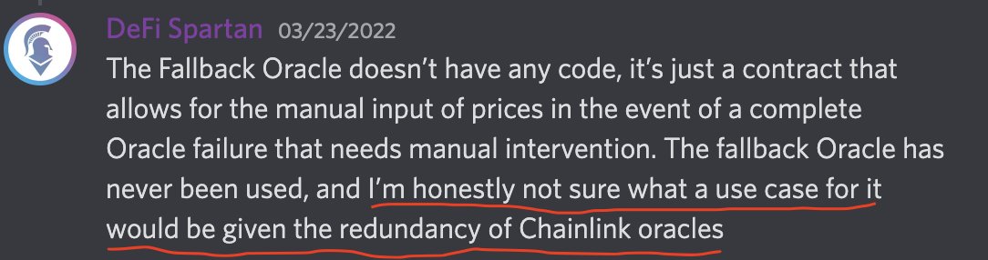 CSBastiat's tweet photo. 🚨 @AaveAave appears to be relying 100% on @chainlink oracles with no safety net.

We saw 2 DeFi apps with the same problem get rekt today when Chainlink suddenly paused LUNA price feed.

By comparison, @compoundfinance uses Chainlink but w/ Uniswap TWAP as a "sanity check". https://t.co/a4UKKlNnZl