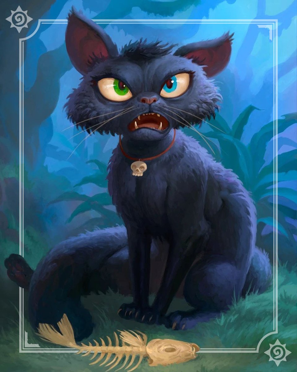 Image shows a scrawny, mangy black cat wearing a thin collar with a skull on it while sitting in a darkened forest and hissing.
