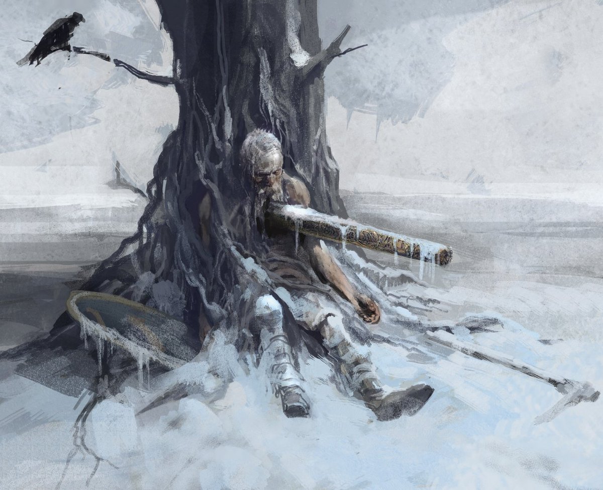 Early concept of Mimir from God of War (2018) full body frozen against a tree with a piece of wood impaling his chest. A raven overlooks. 