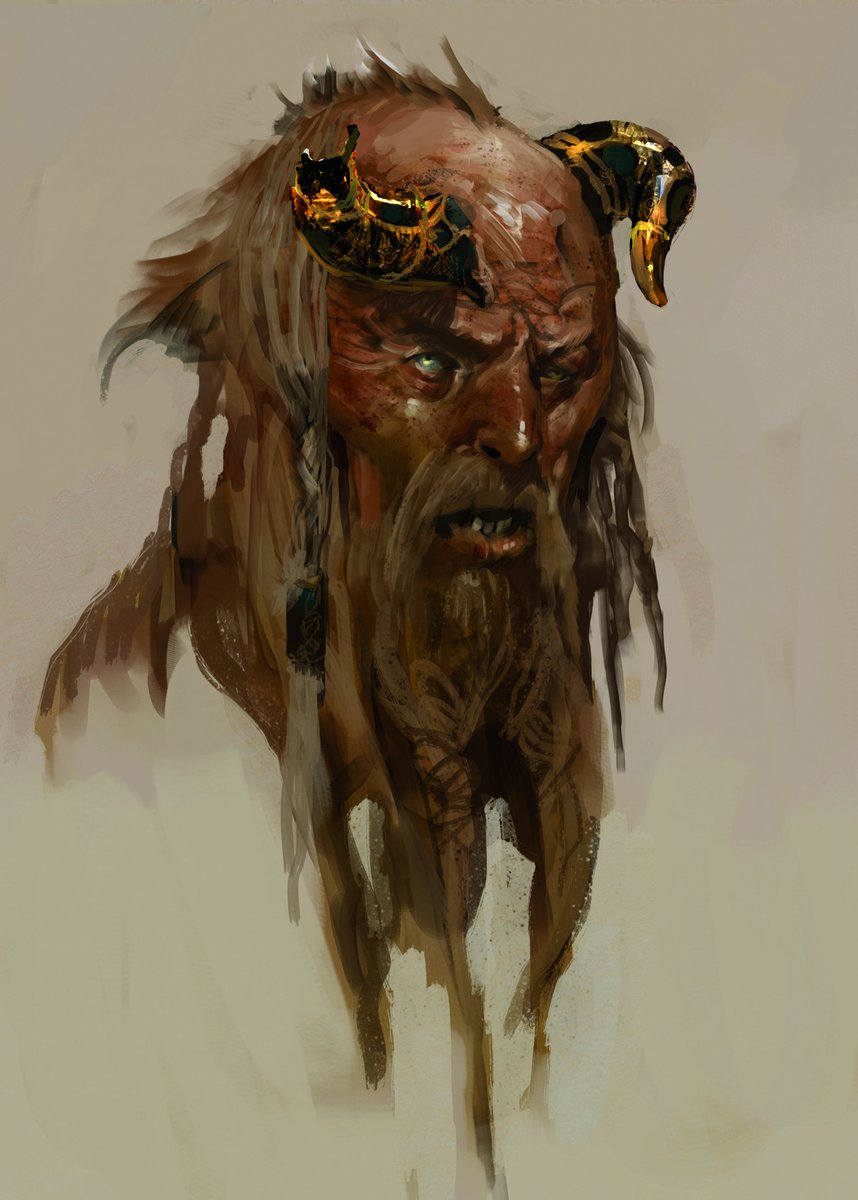 Early concept of Mimir, headshot only, with twisted gold and black horns and long white hair with white beard.