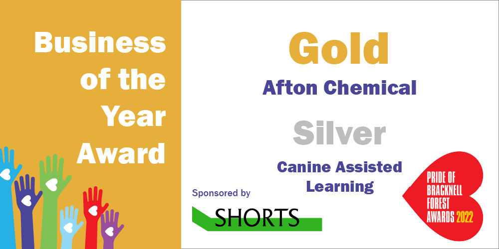 This year's Gold winner of the #PoBFA Business of the Year Award, sponsored by <a href="/ShortsGroup/">Shorts Group</a>, is Afton Chemical!

Read more about #BracknellForest heroes Afton Chemical and the Silver Award winner, <a href="/CALtherapydogs/">Canine Assisted Wellbeing Group</a>, here:

bit.ly/3NcpSVj