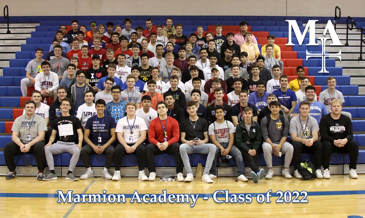 marmionacademy's tweet photo. Seniors were given a "dress down" day today and were encouraged to wear a shirt reflecting their post-graduation plans (college, military, trade school, etc.). Congratulations to Marmion's Class of 2022 - we are so proud of you! 💙  ❤️    #WeAreMA #MA2022 https://t.co/TQ6HKTfefK
