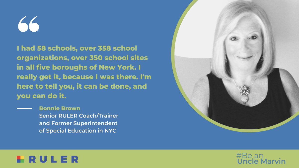rulerapproach's tweet photo. Bonnie Brown, former superintendent of special ed in NYC, has been a champion for RULER since she began working with @marcbrackett and his Uncle Marvin. Learn more about Bonnie and her commitment to emotional intelligence. @YaleCSC #BeAnUncleMarvin

https://t.co/ZHxdTENXJU https://t.co/b9yIPbrMB8