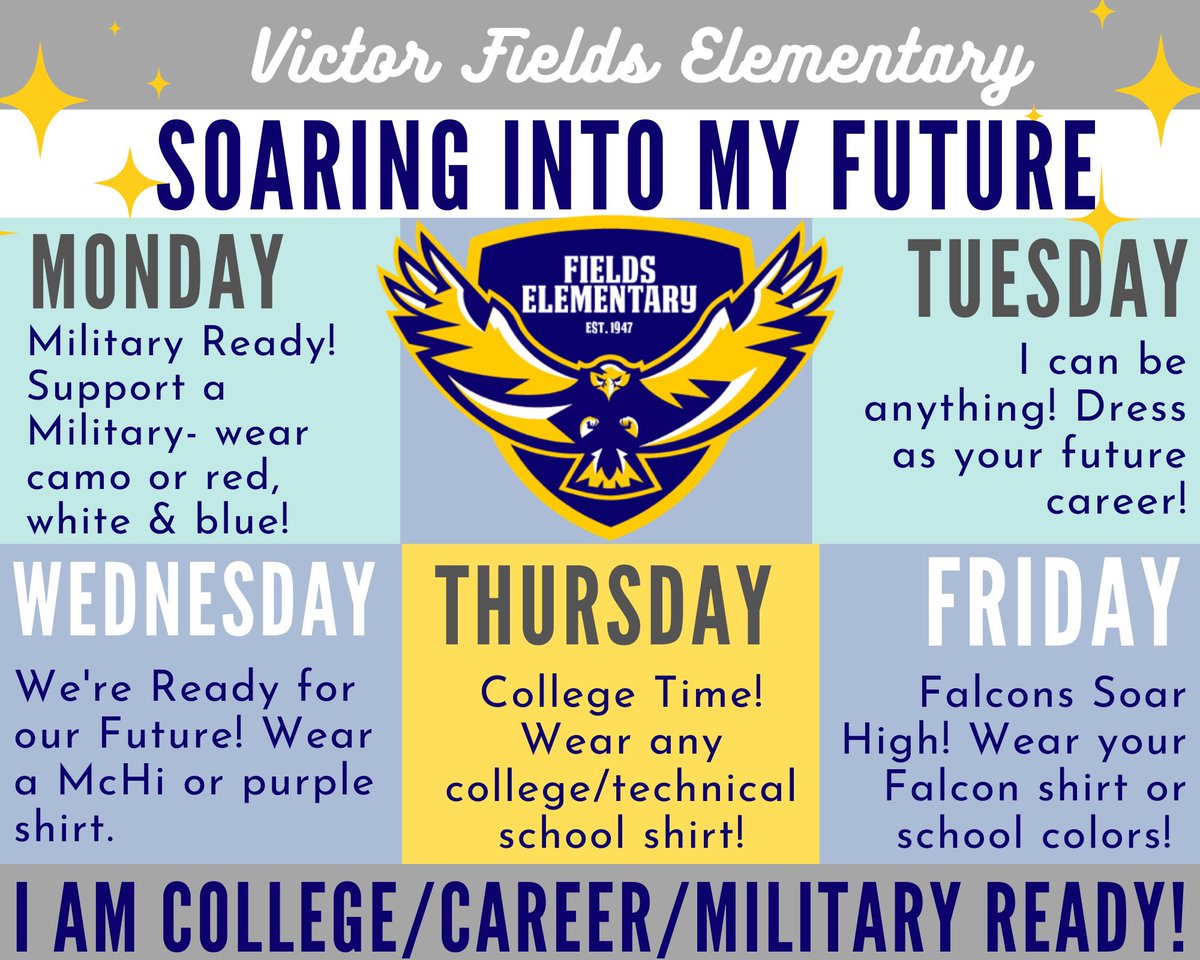 FieldsCounselor's tweet photo. Next week we are celebrating Soaring Into My Future Week by discussing the importance of being College, Career, Military Ready! Can’t wait to celebrate with our @FieldsFalcons !! #FieldsFalcons #SoarHigh https://t.co/kzhaD6Myjd