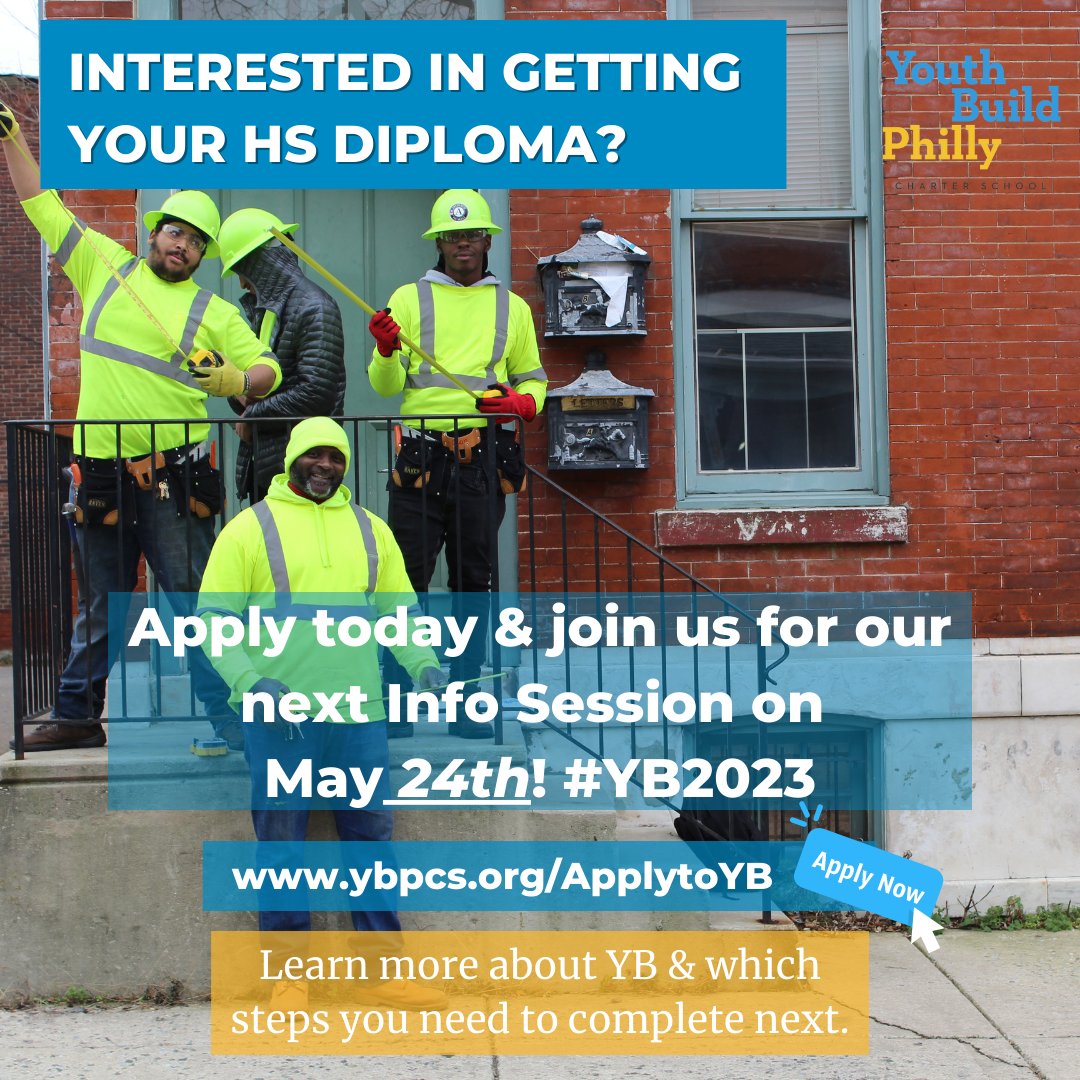 YouthBuildPHL's tweet photo. Are you interested in getting your HS diploma and doing it all in one year? Apply today to join the class of 2023 and receive a special invitation to attend our next info session on 5/24 at 1:30 p.m.
Visit https://t.co/wLp7dlvZZ0 to fill out your application! #YBReady https://t.co/wFtwtTyYwa