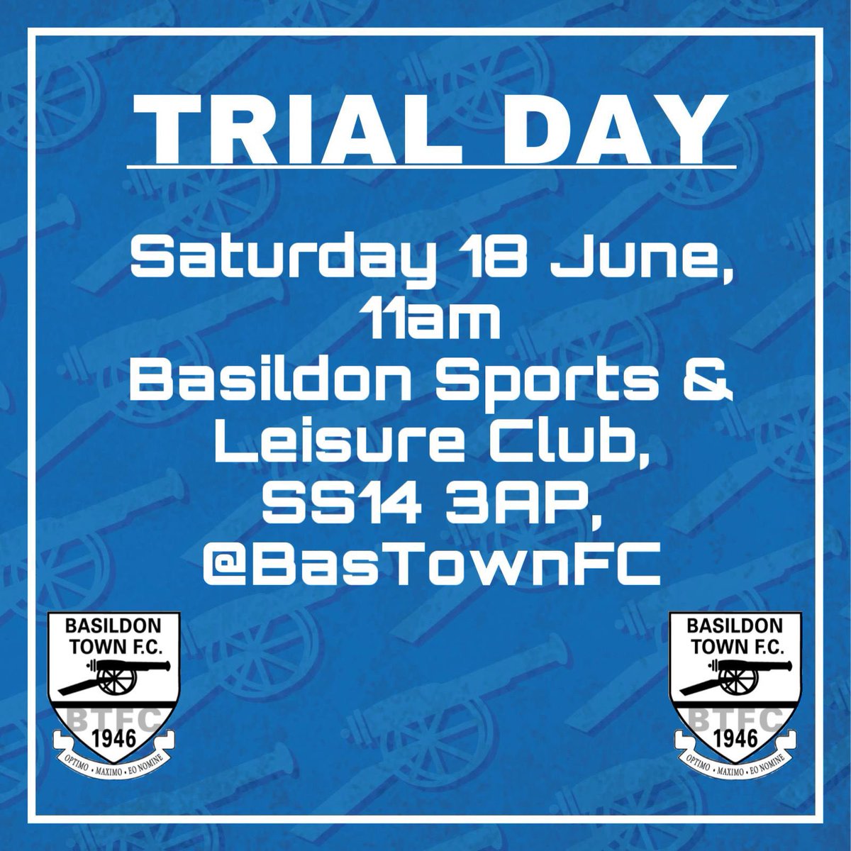 TRAIL DAY!! 

We are holding a trial day for all 3 mens teams. Details below.. 

1st Team - Thurlow Nunn (step 6)
Res Team - Olympian League 
A Team - Olympian League

Please DM either Basildon Town or <a href="/marcusbowers89/">Marcus Bowers</a>