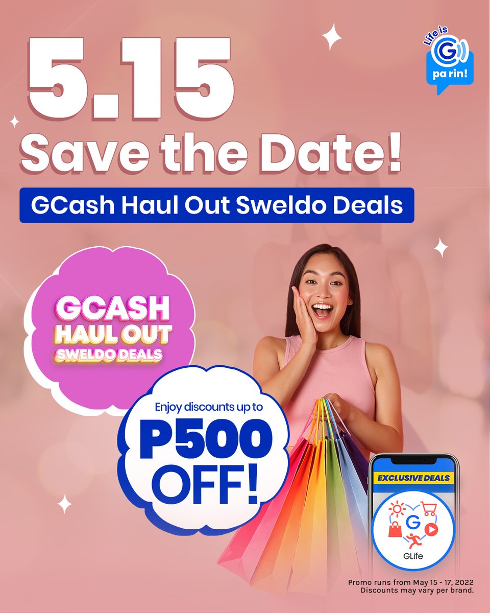 gcashofficial's tweet photo. Indulge in payday shopping! Get discounts up to P500 OFF this May 15 when you shop via GLife!
No GCash yet? Download the GCash App on the Apple App Store, Google Play Store, or Huawei App Gallery! Register and get verified today, available for all networks! #LifeIsGPaRin https://t.co/KALIK92l4u