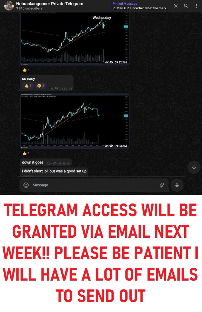 🚨FREE PRIVATE TELEGRAM ACCESS🚨

For 48 hours I'm opening access to my telegram where I post trading tips, set ups and more!

How to join:
- Retweet
- Sign up on <a href="/bitgetglobal/">Bitget</a> using my link: partner.bitget.com/bg/gooner
- Email Nebraskangooner@outlook.com to confirm