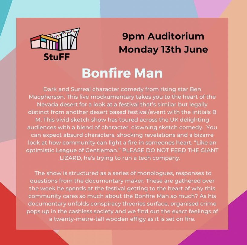 Introducing Bonfire Man performing at the Nottingham New Theatre at 9pm 13th June! You don’t want to miss this dark comedy! Tickets on sale soon at newtheatre.org.uk/stuff/ 
#stuff #theatre #theatrefestival #nottingham