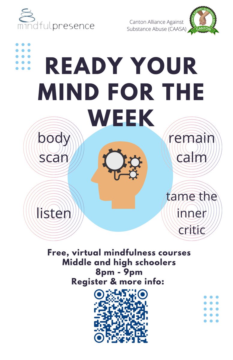CantonAlliance's tweet photo. Give yourself one hour for you. Join us for free, virtual mindfulness courses. We'll learn how to notice and conquer stress! No experience needed. Register on our homepage: https://t.co/6WbZsD0KvW https://t.co/WdLU7X4hyq