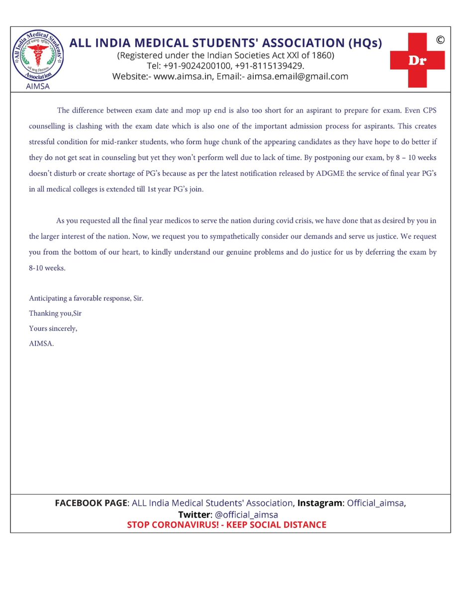 official_aimsa's tweet photo. After the decision of the Hon'ble Supreme Court, the government should kindly postpone the NEET PG22 in view of the interest of the students. We request Honorable Narendra Modi ji and Health Minister to take the decision at the earliest. @PMOIndia @narendramodi @mansukhmandviya https://t.co/wakCpzSH2Q