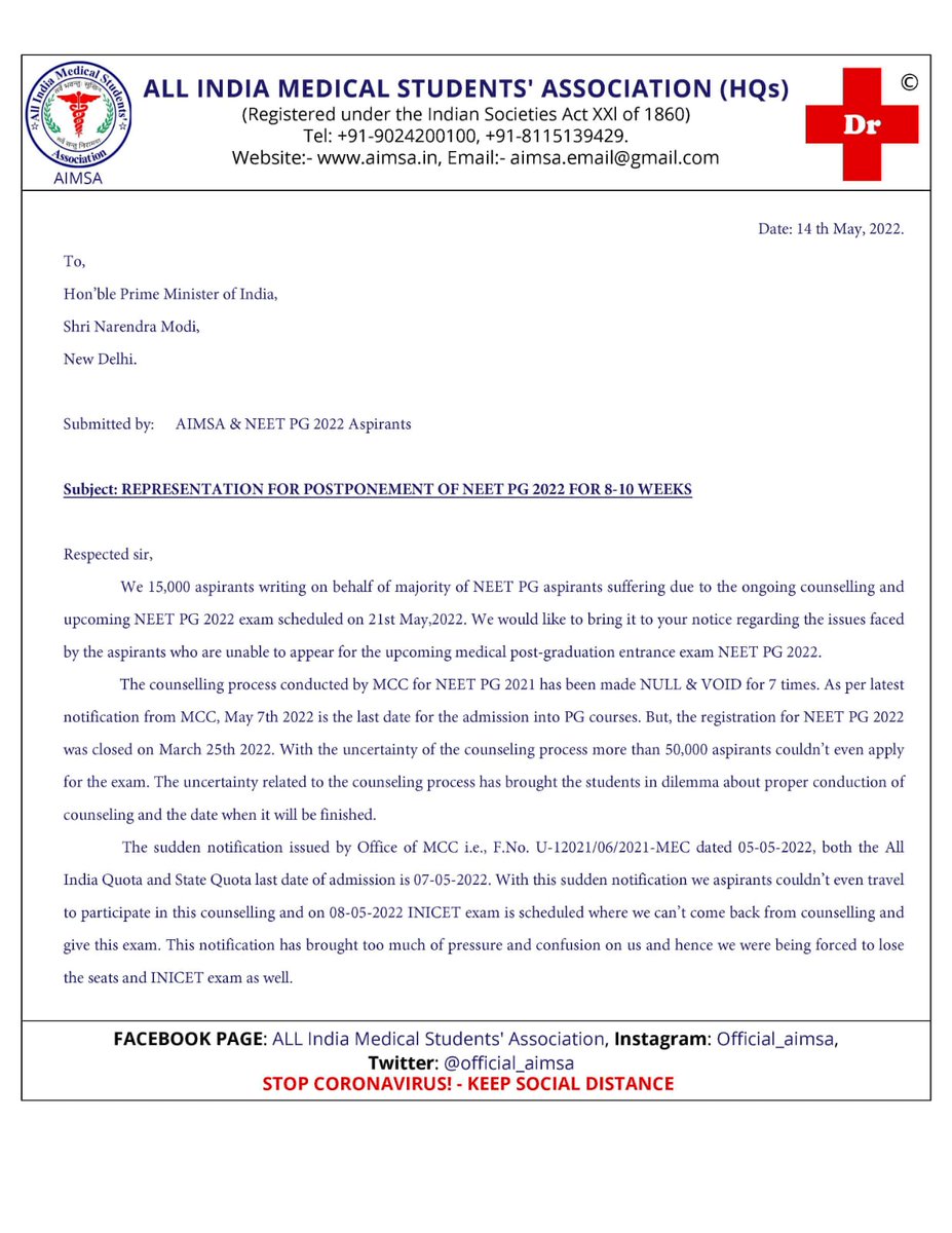 official_aimsa's tweet photo. After the decision of the Hon'ble Supreme Court, the government should kindly postpone the NEET PG22 in view of the interest of the students. We request Honorable Narendra Modi ji and Health Minister to take the decision at the earliest. @PMOIndia @narendramodi @mansukhmandviya https://t.co/wakCpzSH2Q