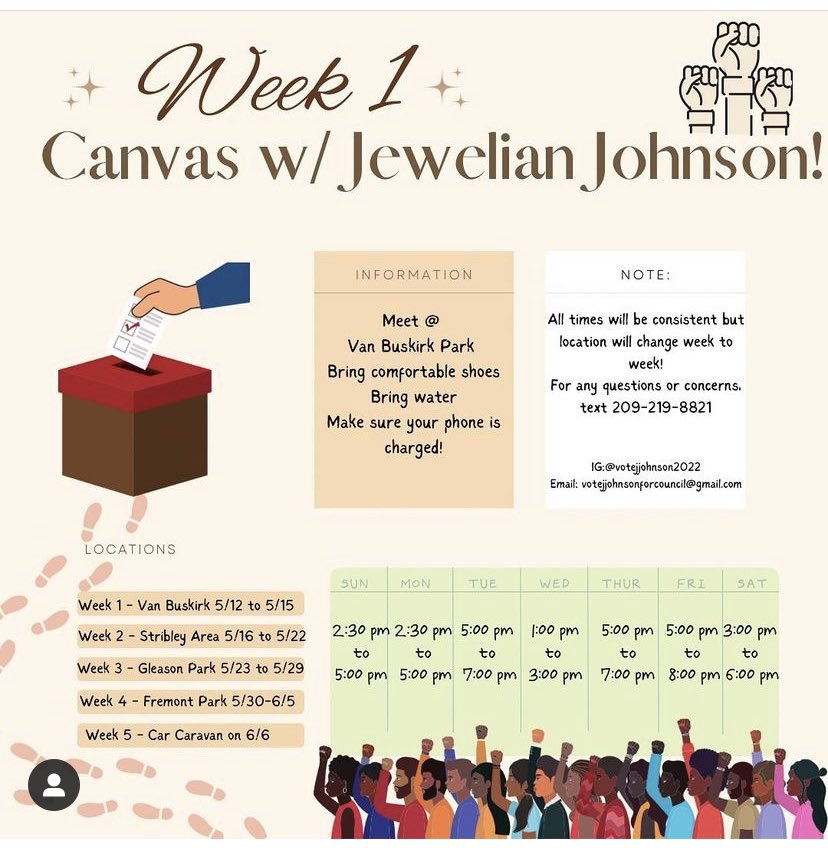 StocktonDems's tweet photo. Get out and CANVASS for @VoteJJohnson22. Meet at Van Buskirk Park, see pic for times below. 

Email votejjohnsonforcouncil@gmail.com for more info!

#StocktonDems #GOTV #LocalElections2022 https://t.co/wo5UvNIVCa