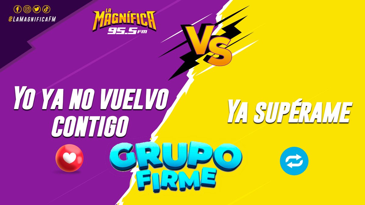 lamagnifica980's tweet photo. Viernes de #Duelo y hoy ponemos a competir dos canciones de un banda que es la sensación del momento... @GrupoFirme

😍😍😍🤩🤩🤩💜💜💜

Yo ya no vuelvo contigo vs Ya supérame ¿Cuál es tu favorita?

🎶🎶🎵🎵

#LaMagnífica #Vota #980AM #Radio #LaPatronaDeLaRadio https://t.co/6iIkz6SftZ