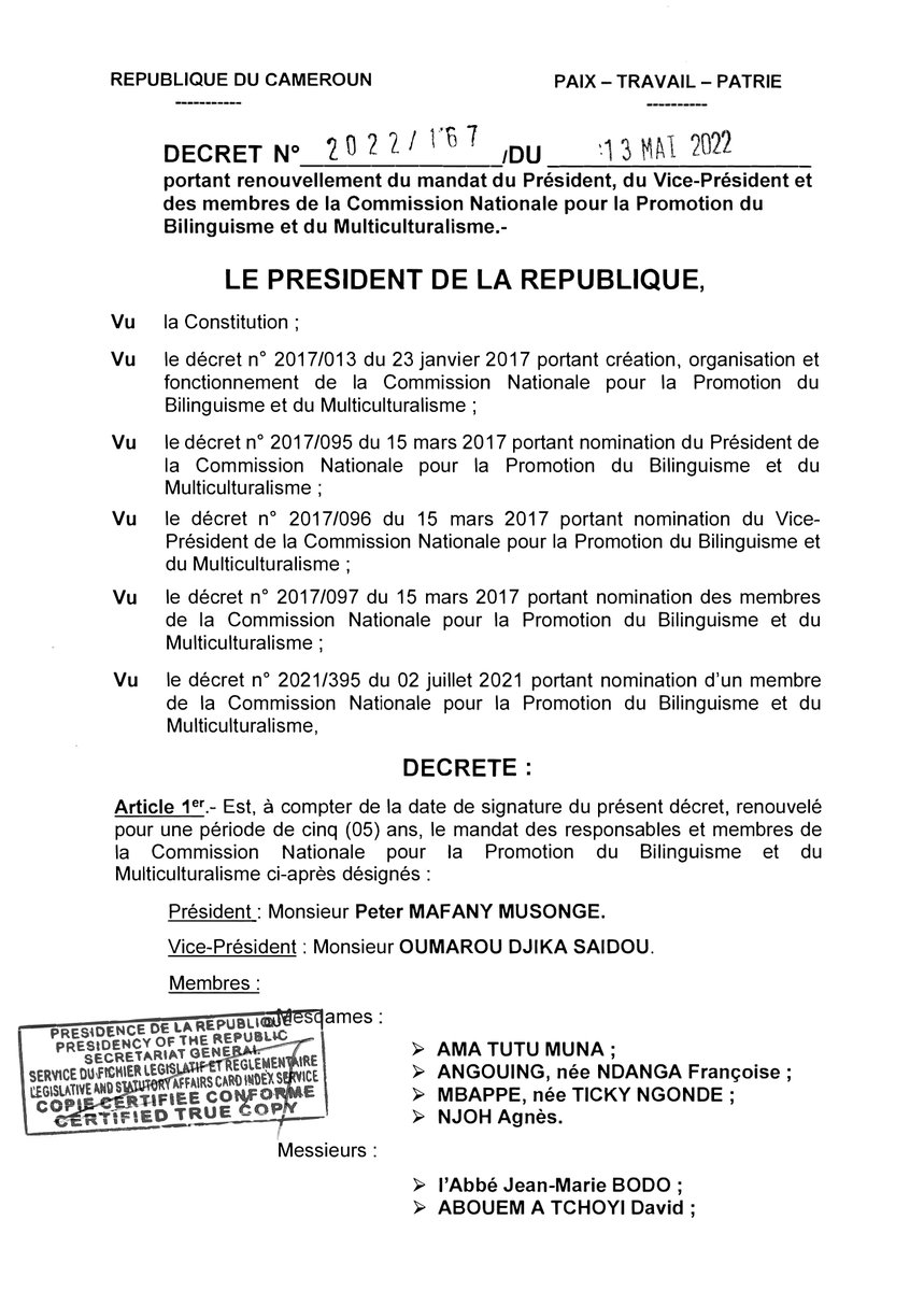 PR_Paul_BIYA's tweet photo. Décret portant renouvellement du mandat du Président, du Vice-Président et des membres de la Commission Nationale pour la Promotion du Bilinguisme et du Multiculturalisme.
#PaulBiya
#Cameroun https://t.co/OXiJ8GPcvJ