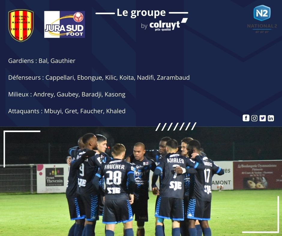 JuraSudFoot's tweet photo. [Championnat N2] 🔵⚪️

Groupe retenu pour le match de la 28eme journée

@fc_martiguesoff vs @JuraSudFoot 

#N2

#jsffamily https://t.co/D60xDQpV7l