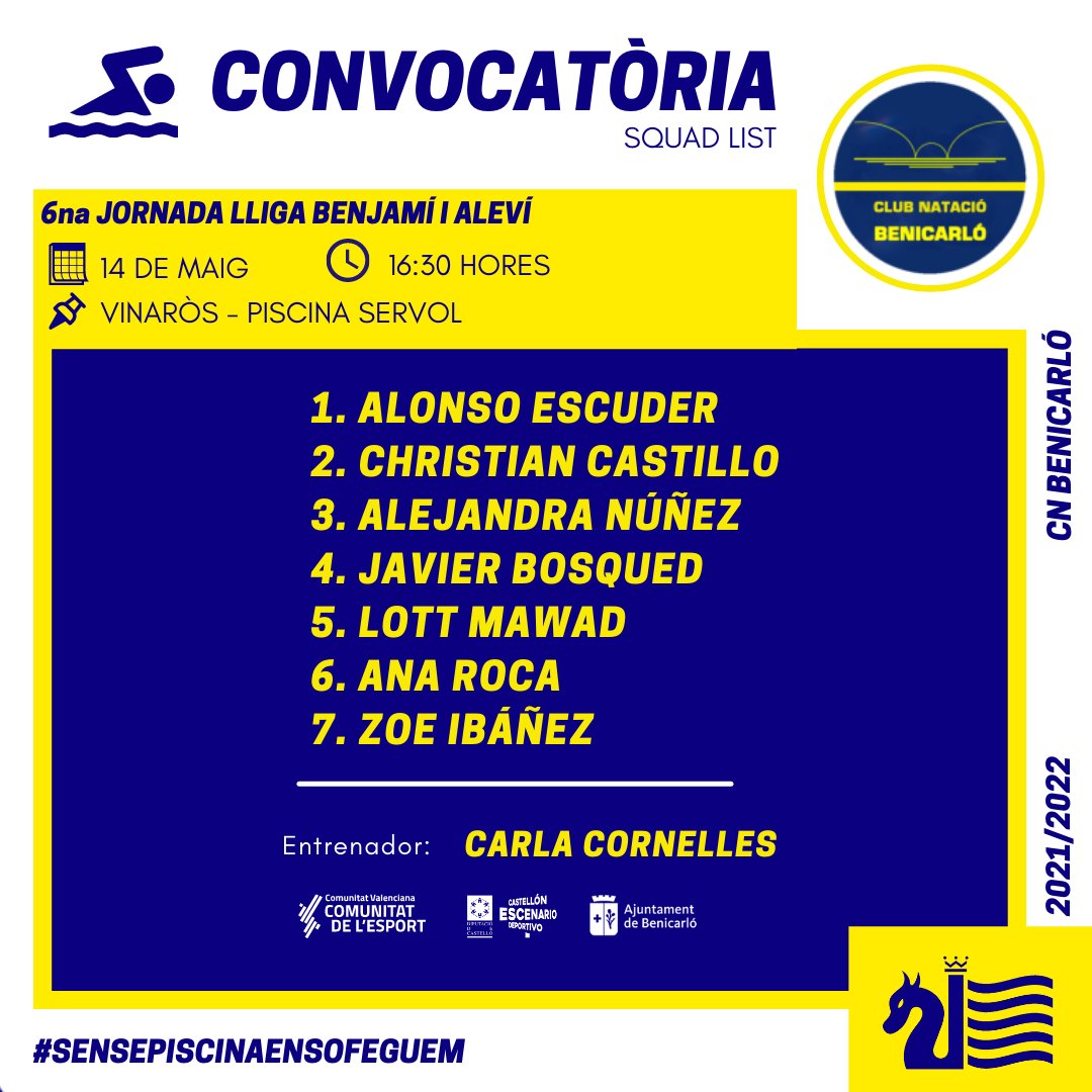 CN_Benicarlo's tweet image. 🆕 CONVOCATÒRIA 
🏊 Cap de setmana de competició, l'equip Benjamí/Aleví participarà aquest cap de setmana en la 6na jornada de lliga. 

@fncv_oficial
@comunitatesport
@dipuesport
@Ajunt_Benicarlo

#CNBenicarló💙💛
#SensePiscinaEnsOfeguem 
#EActivate
#ComunitatDeLEsport 
#Natació