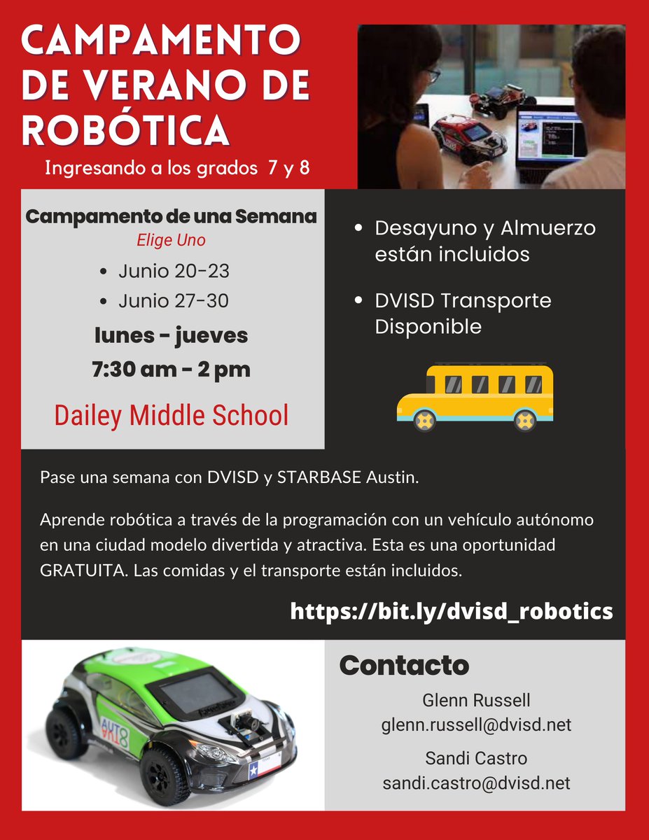 DVISD_Science's tweet image. DVISD is hosting a one-week robotics summer camp in late June for incoming 7th and 8th-grade students.  Participants will learn about robotics through programming autonomous robotic vehicles.  Students can apply at bit.ly/dvisd_robotics
