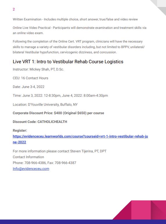 dyouville_PT's tweet photo. Vestibular Rehab Certification course #1 at D'Youville in June. 
Click link for more info or to register. See pics below for info too. 
https://t.co/EmYaCNcq69
@DYouville @dyouvillealumni #DYPT https://t.co/9BwKqZ9Zza