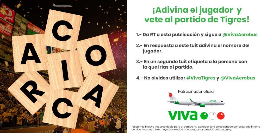 VivaAerobus's tweet photo. RT 🐯🙌 ¡Adivina al jugador y vete a disfrutar del partido de @TigresOficial con Viva! Es muy sencillo participar, sigue los pasos correctamente. 😎 #VivaTigres https://t.co/BTmy36EUWa