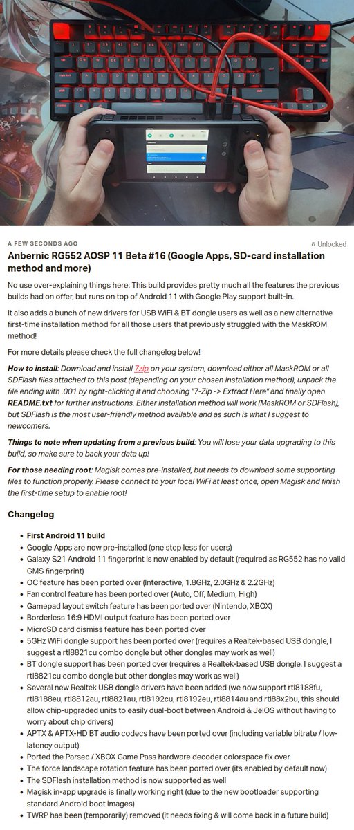 TeamBlackSeraph's tweet photo. The much requested Android 11 update for #rg552, with Google Apps, Magisk, 5GHz WiFi &amp; BT support, borderless HDMI output, and so much more is finally here.

https://t.co/oOmMyuNit0

@carygolomb @RetroGameCorps @RetroHandhelds @Idea9Yu https://t.co/UAAoU24tZO