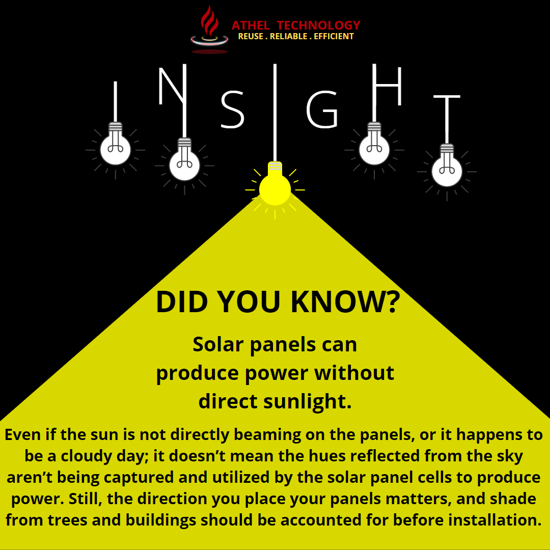 atheltechnology's tweet photo. DID YOU KNOW?

Solar panels can produce power without direct sunlight.
Even on cloudy days; it doesn’t mean the hues reflected from the sky aren’t being captured &amp; utilized by the solar panel cells to produce power

#AthelTechnology #renewableenergy #solarenergy #EcoMpishi Bahati https://t.co/qGmvIREc9l