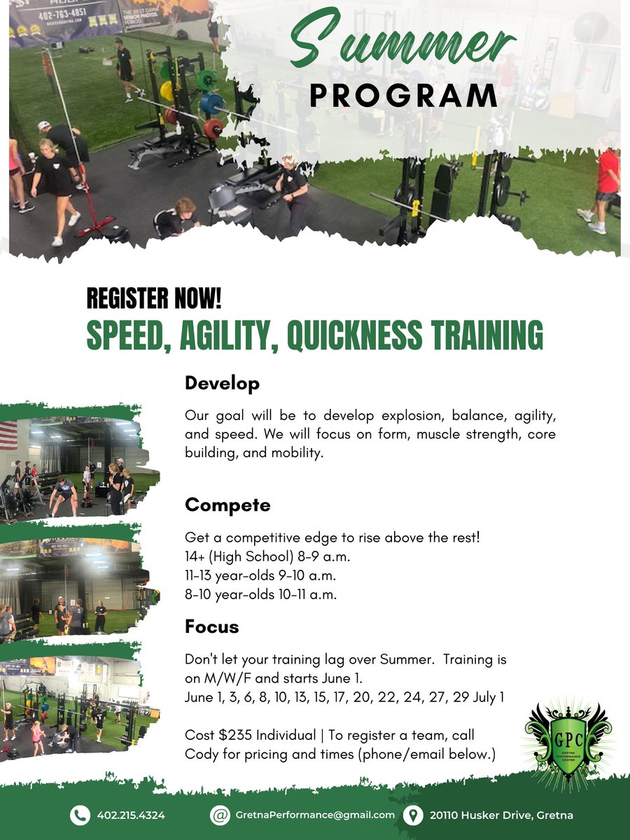 GretnaPerformnc's tweet photo. Make sure to squeeze in time for Summer training! Speed, Agility, and Quickness (SAQ) Training starts at GPC on June 1. Individuals can register using this URL or call Cody at 402-215-4324 for team registrations.
https://t.co/jNKiIIMrdU
#GPCWay #SAQ #StudentAthletes #YouthSports https://t.co/yaMoVqU54I