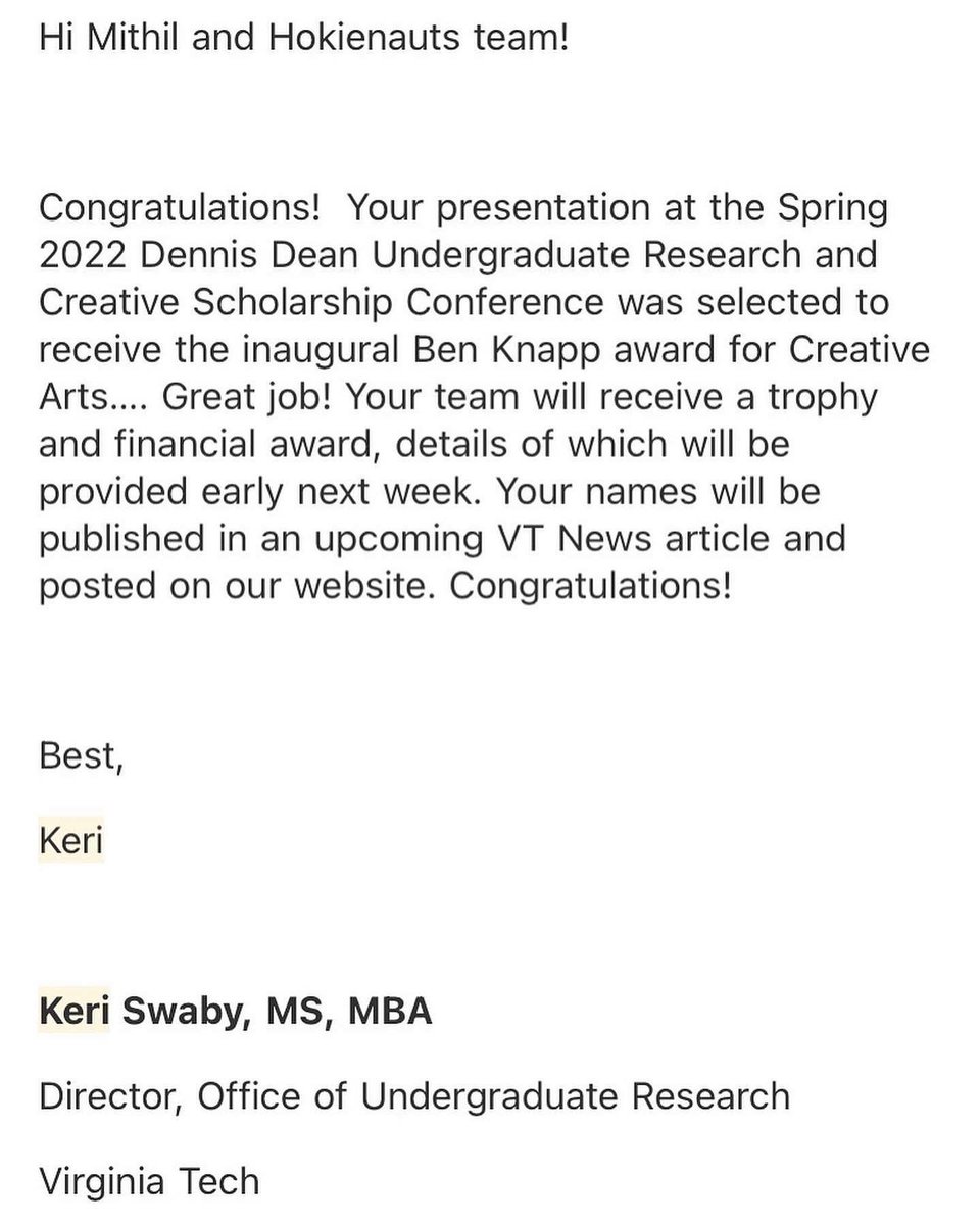 hokienauts's tweet photo. We are excited to announce that we have been awarded the Ben Knapp Award for Creative Arts from the 2022 Dennis Dean Undergraduate Research and Creative Scholarship Conference!
Thank you @swabytwit, Ben Knapp, & @OurVt for this honor!
#NASASUITS #NASACODES https://t.co/BmAWzsWdbj